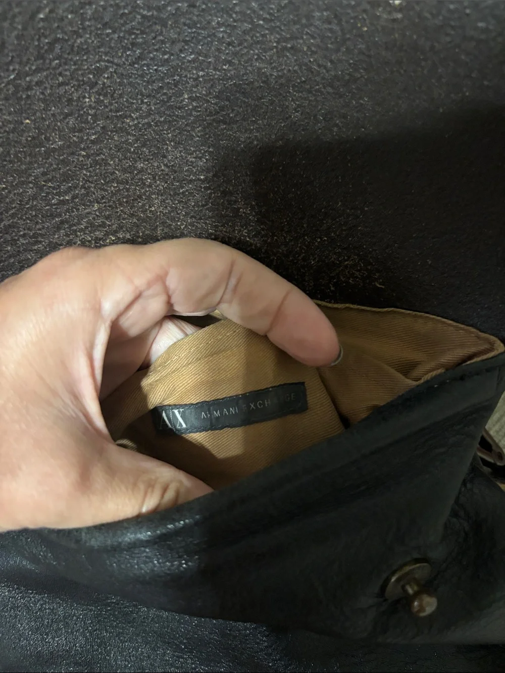 Armani Exchange Black Leather Messenger Bag with Tan & Black Striped Strap